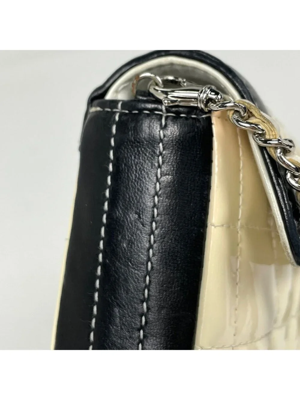 Chanel Shoulder Bag CC Logo Chocolate Bar Enamel Patent Leather White Black